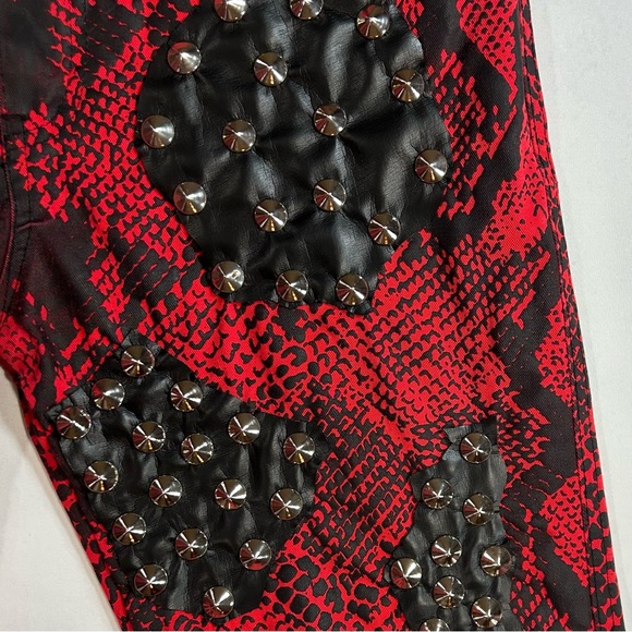 Trash and Vaudeville Red Snake Print Y2K Studded Leather Patch Pants Punk Goth - Picture 8 of 10